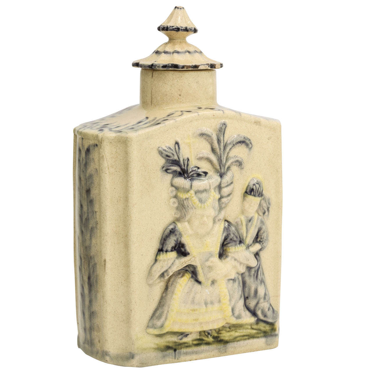 A Fine English Creamware Pottery Covered Tea Caddy With Macaroni Figures For Sale