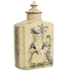 A Fine English Creamware Pottery Covered Tea Caddy With Macaroni Figures