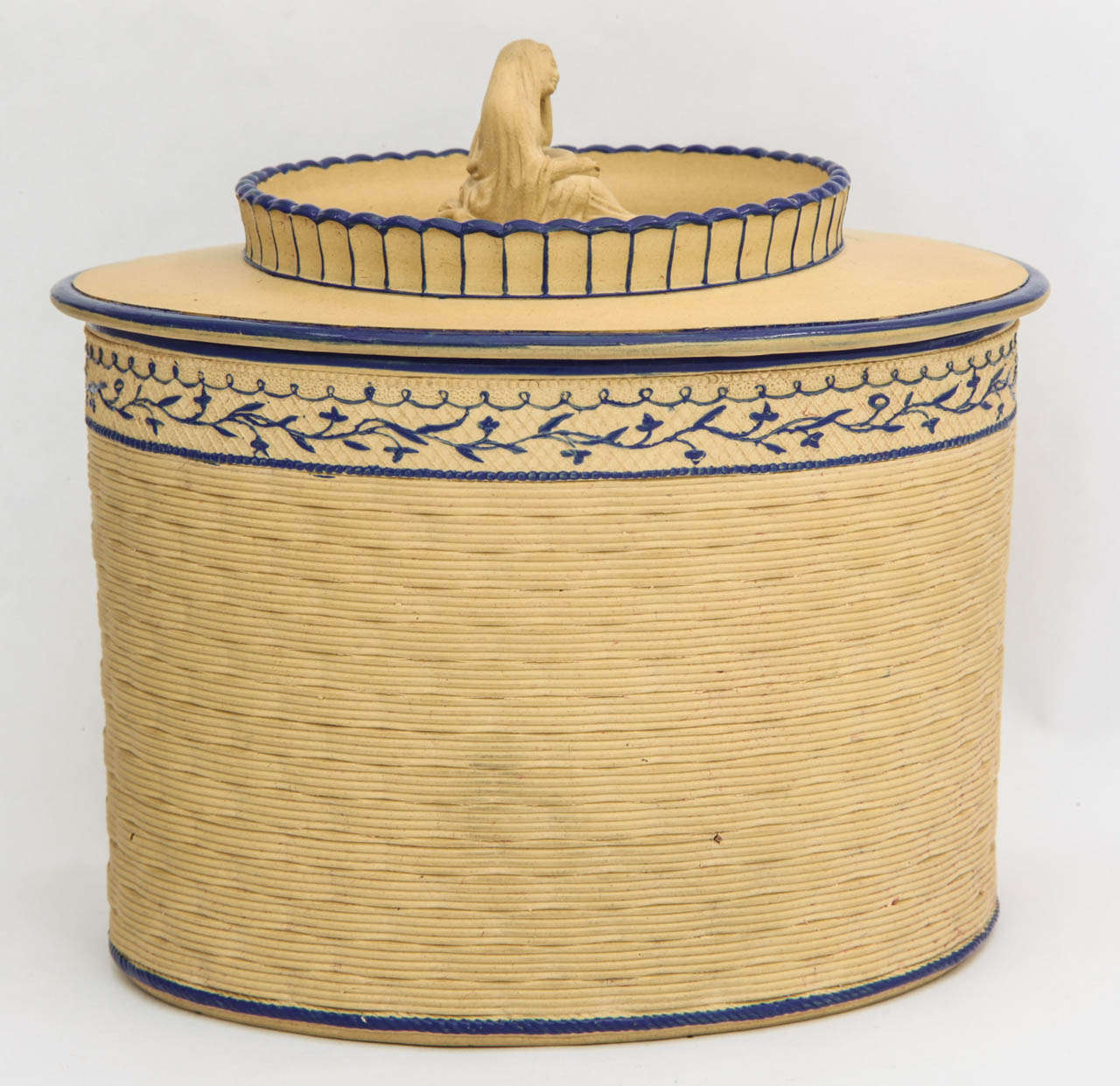 A Rare English Enameled Caneware Covered Oval Bowl