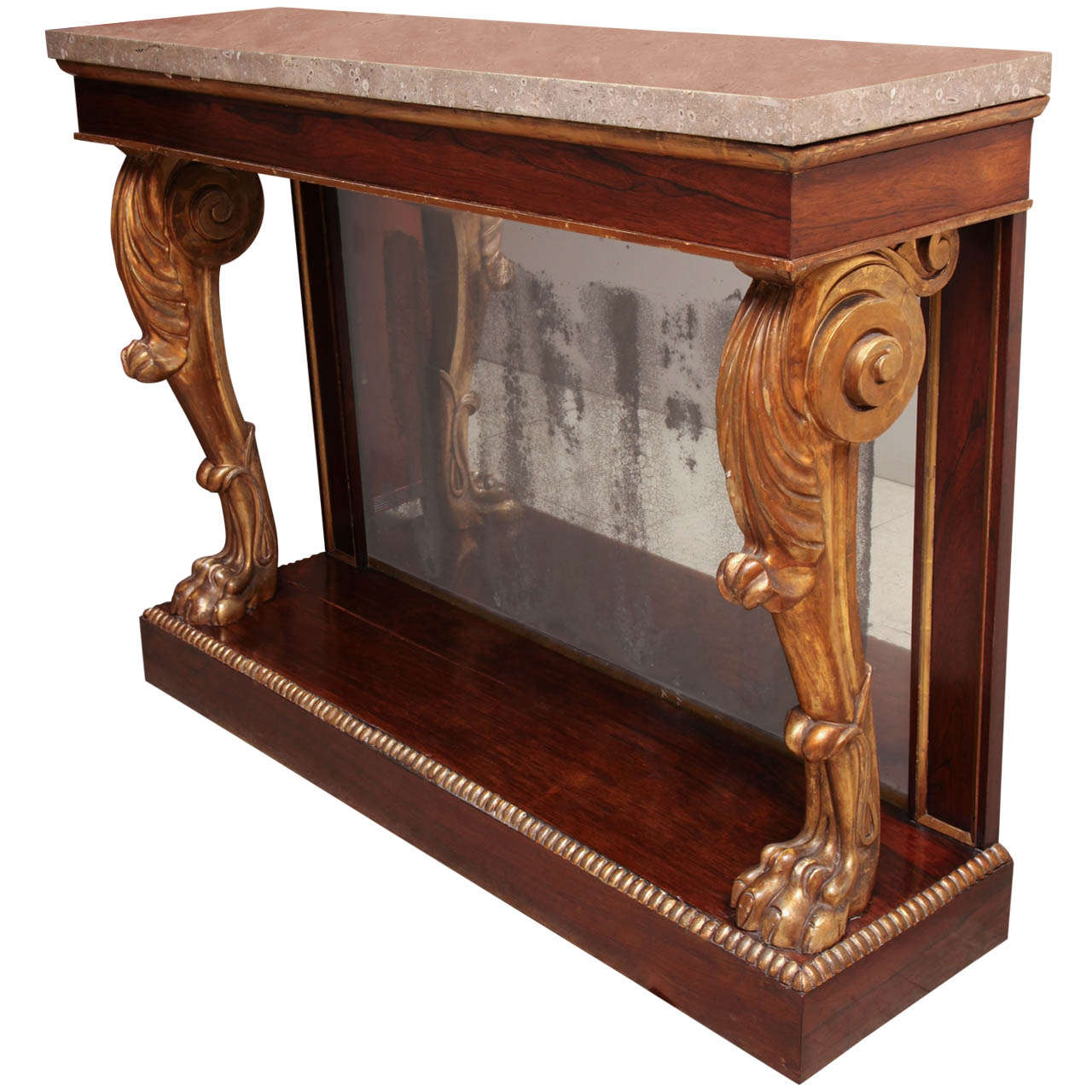 Early 19th Century English, Parcel Gilt Console with Later Fossilized Stone Top For Sale