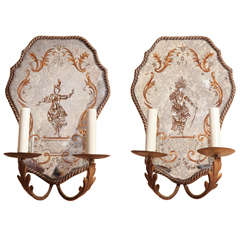 Pair of English Mirrored Back Two Branch Sconces