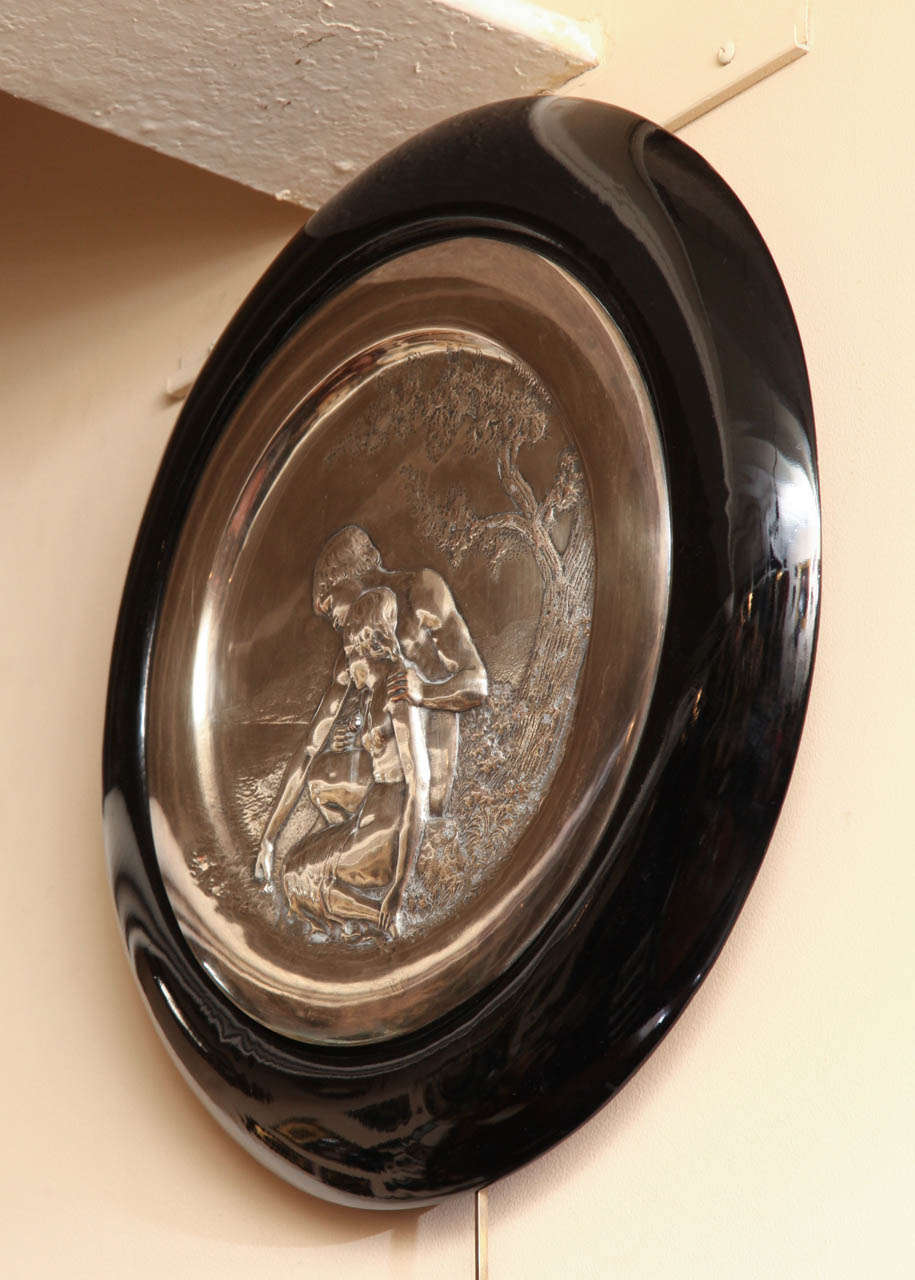 Art Nouveau Silvered Metal Plaque in a Lacquer Frame For Sale 1