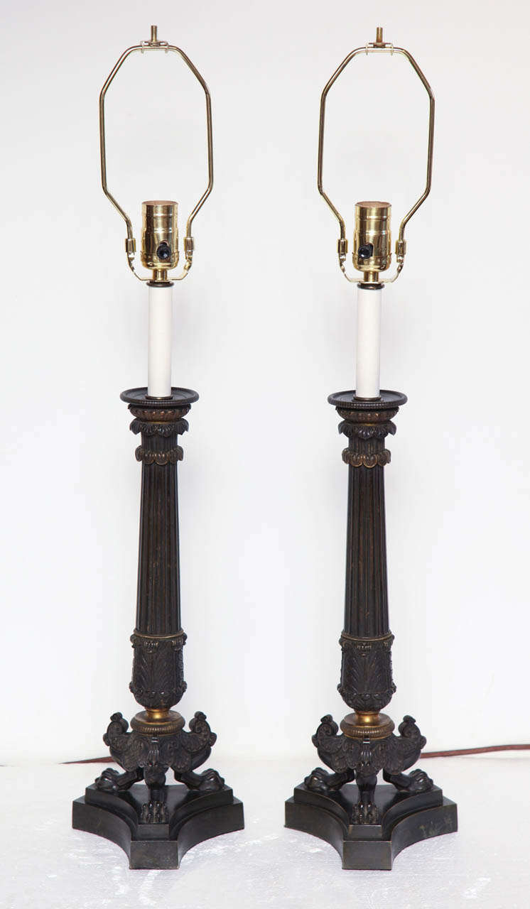 Pair of 19th Century French Neo-Classical Bronze Candlesticks Converted to Lamps