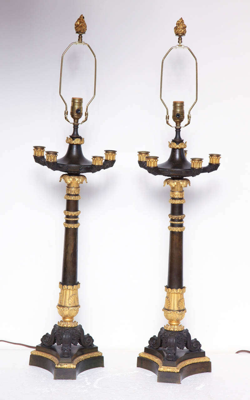 French Pair of 19th Century Bronze and Gilt Bronze Candelabra Converted to Lamps For Sale