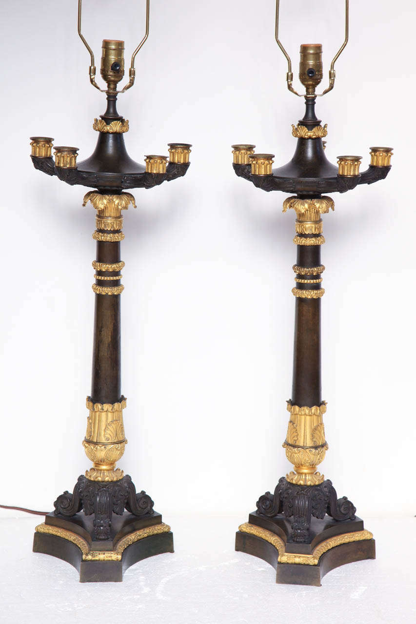 Pair of 19th Century Bronze and Gilt Bronze Candelabra Converted to Lamps In Good Condition For Sale In New York, NY