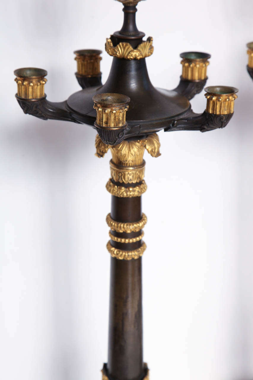 Pair of 19th Century Bronze and Gilt Bronze Candelabra Converted to Lamps For Sale 1