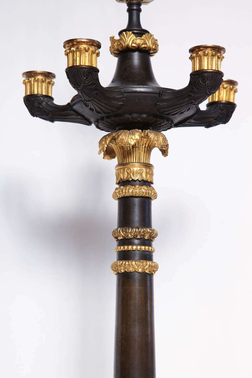 Pair of 19th Century Bronze and Gilt Bronze Candelabra Converted to Lamps For Sale 4