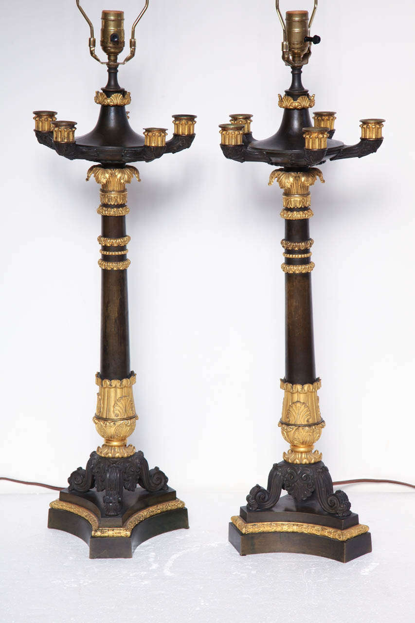 Pair of 19th Century Bronze and Gilt Bronze Candelabra Converted to Lamps For Sale 6