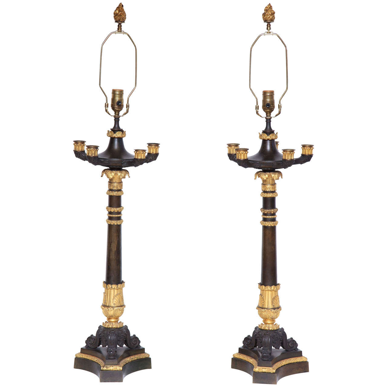 Pair of 19th Century Bronze and Gilt Bronze Candelabra Converted to Lamps For Sale