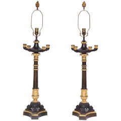 Pair of 19th Century Bronze and Gilt Bronze Candelabra Converted to Lamps
