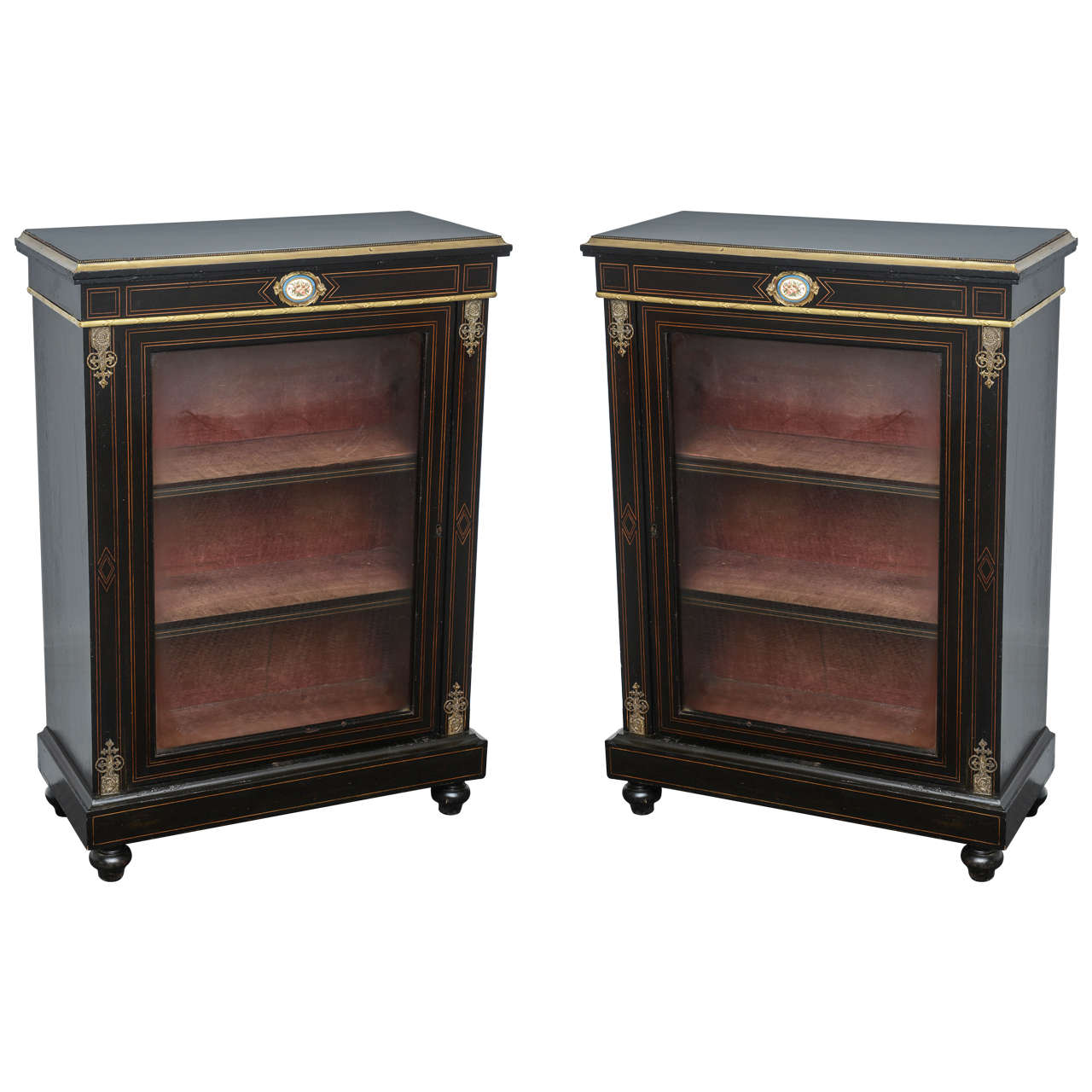 19th Century Pair of Black Ebony Cabinets with French Limoges Plaques