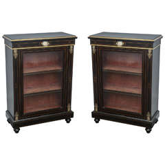 19th Century Pair of Black Ebony Cabinets with French Limoges Plaques