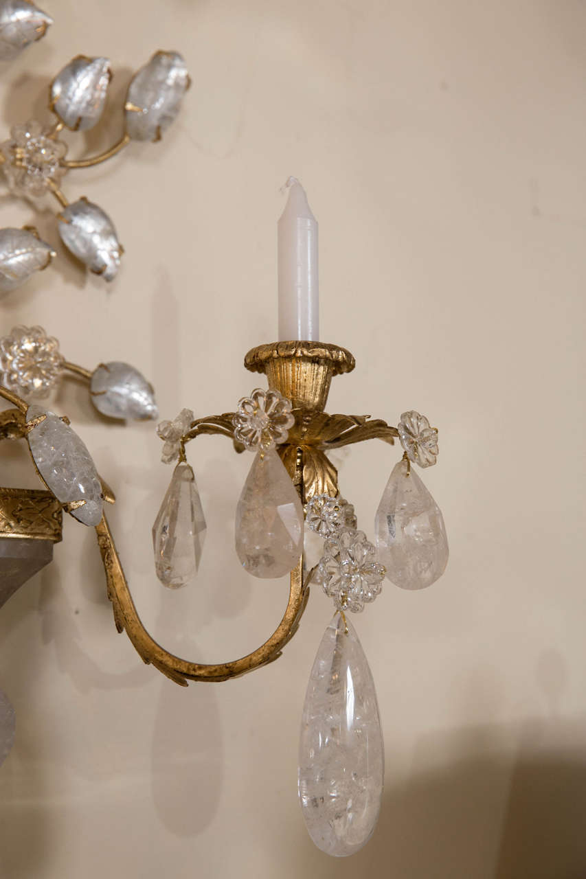 Unknown Fine Pair of Bagues Style Bronze and Rock Crystal Sconces