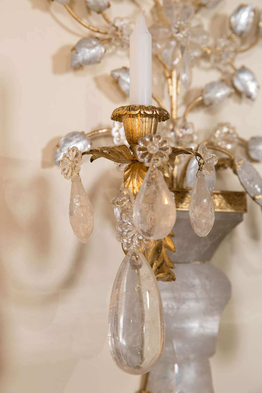 Fine Pair of Bagues Style Bronze and Rock Crystal Sconces In Good Condition In Stamford, CT