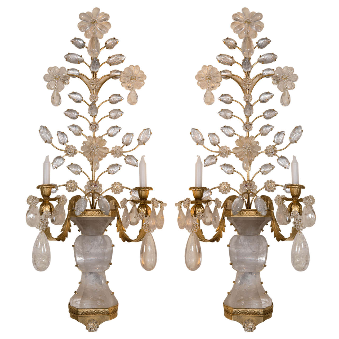Fine Pair of Bagues Style Bronze and Rock Crystal Sconces