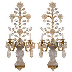 Fine Pair of Bagues Style Bronze and Rock Crystal Sconces