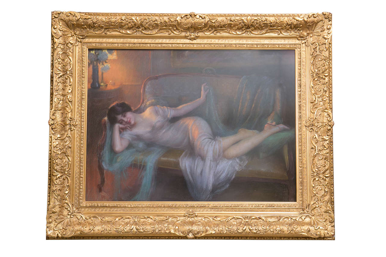A fine pair of pastels on board by Oelphin Enjolras (1857-1945) French. Each in a wonderful carved frame set under tempered glass.

Delphin Enjolras mastered the medium of pastel to perfection though he was equally adept working in watercolor,
