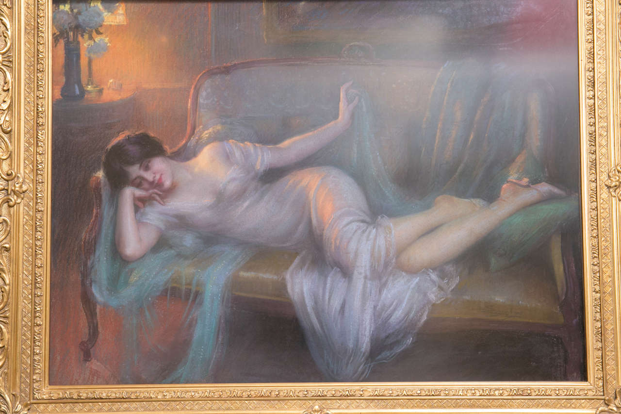 Neoclassical Pair of Pastels on Board Signed Oelphin Enjolras In Wonderfully Carved Frames