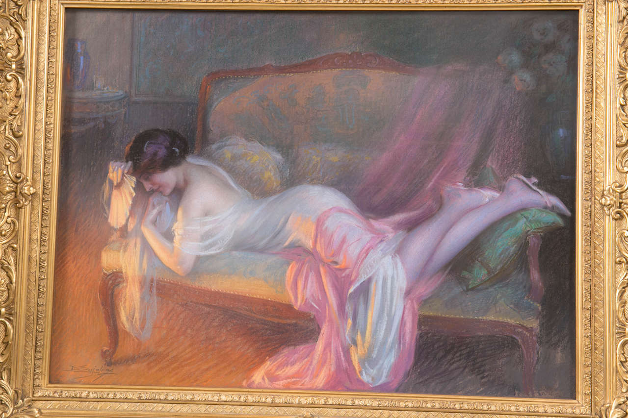 French Pair of Pastels on Board Signed Oelphin Enjolras In Wonderfully Carved Frames