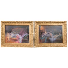 Pair of Pastels on Board Signed Oelphin Enjolras In Wonderfully Carved Frames