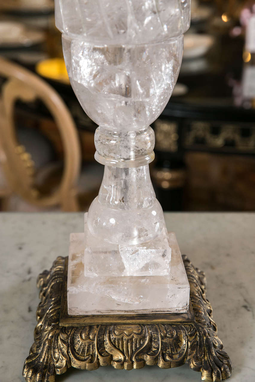 Canadian Fine Rock Crystal Single Column Lamp on Bronze Base Hollywood Regency Style