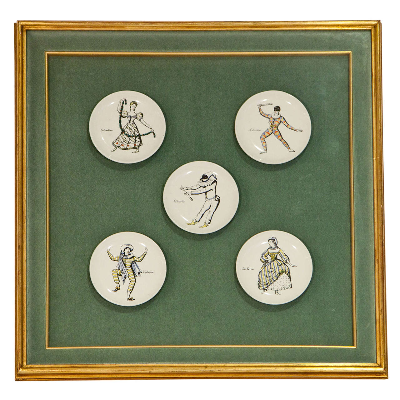 Fornasetti "Maschere Italiane" Plates in Giltwood Frame For Sale