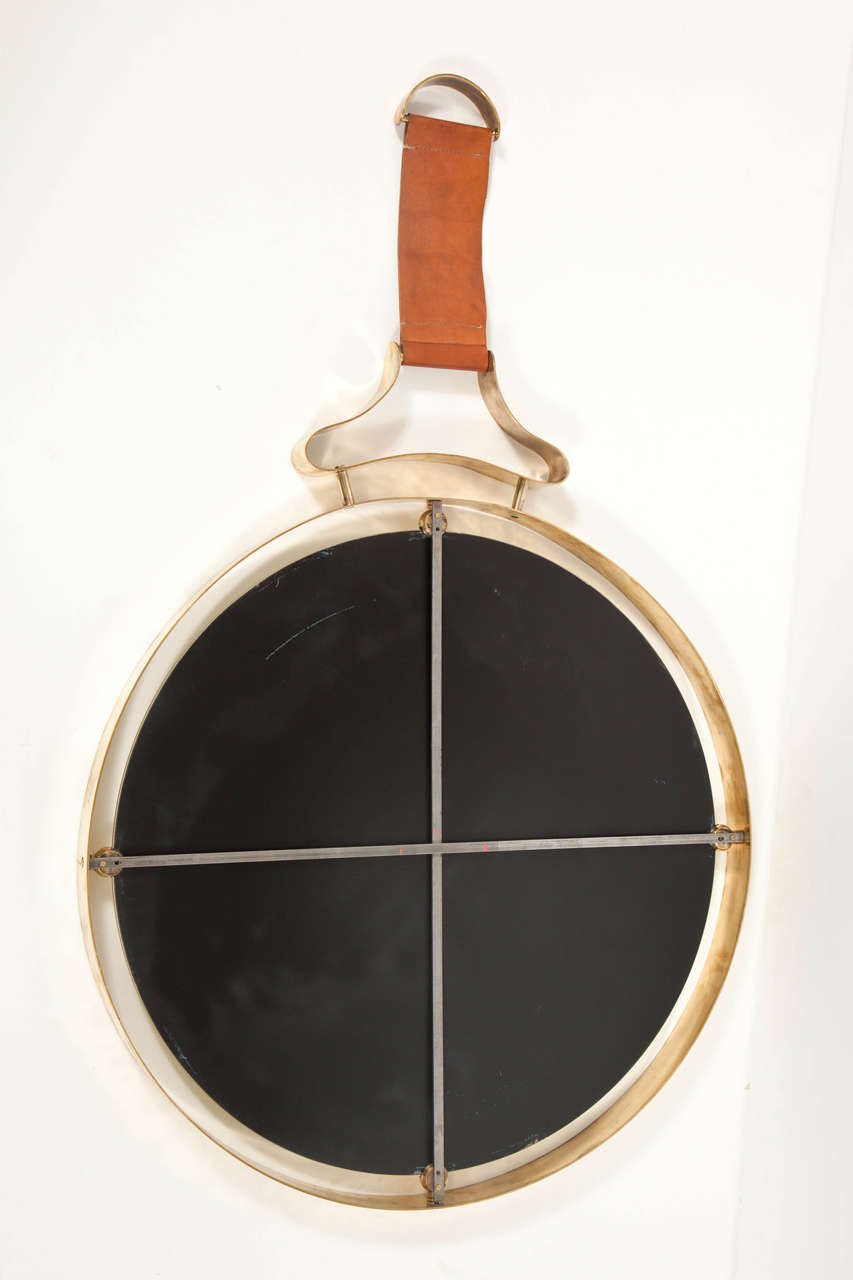 Late 20th Century Circular Mirror with Brass and Stitched Leather, Italy 1970s