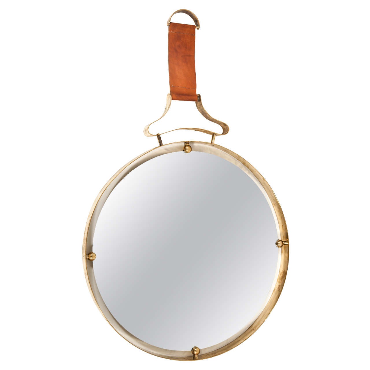 Circular Mirror with Brass and Stitched Leather, Italy 1970s
