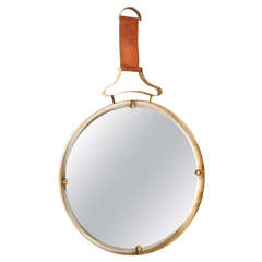 Vintage Circular Mirror with Brass and Stitched Leather, Italy 1970s