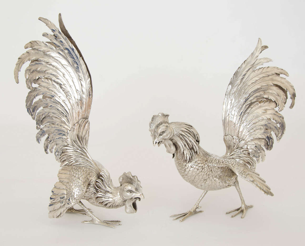 20th Century A pair of German Silver Fighting Cocks