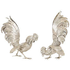 A pair of German Silver Fighting Cocks