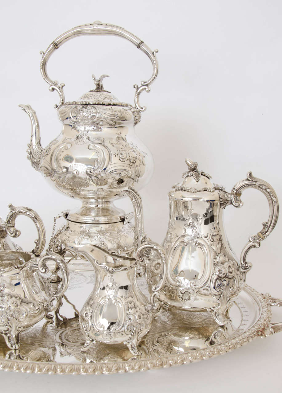 English An Antique Silver Tea and Coffee Service& Silver Pated Kettle & Tray For Sale