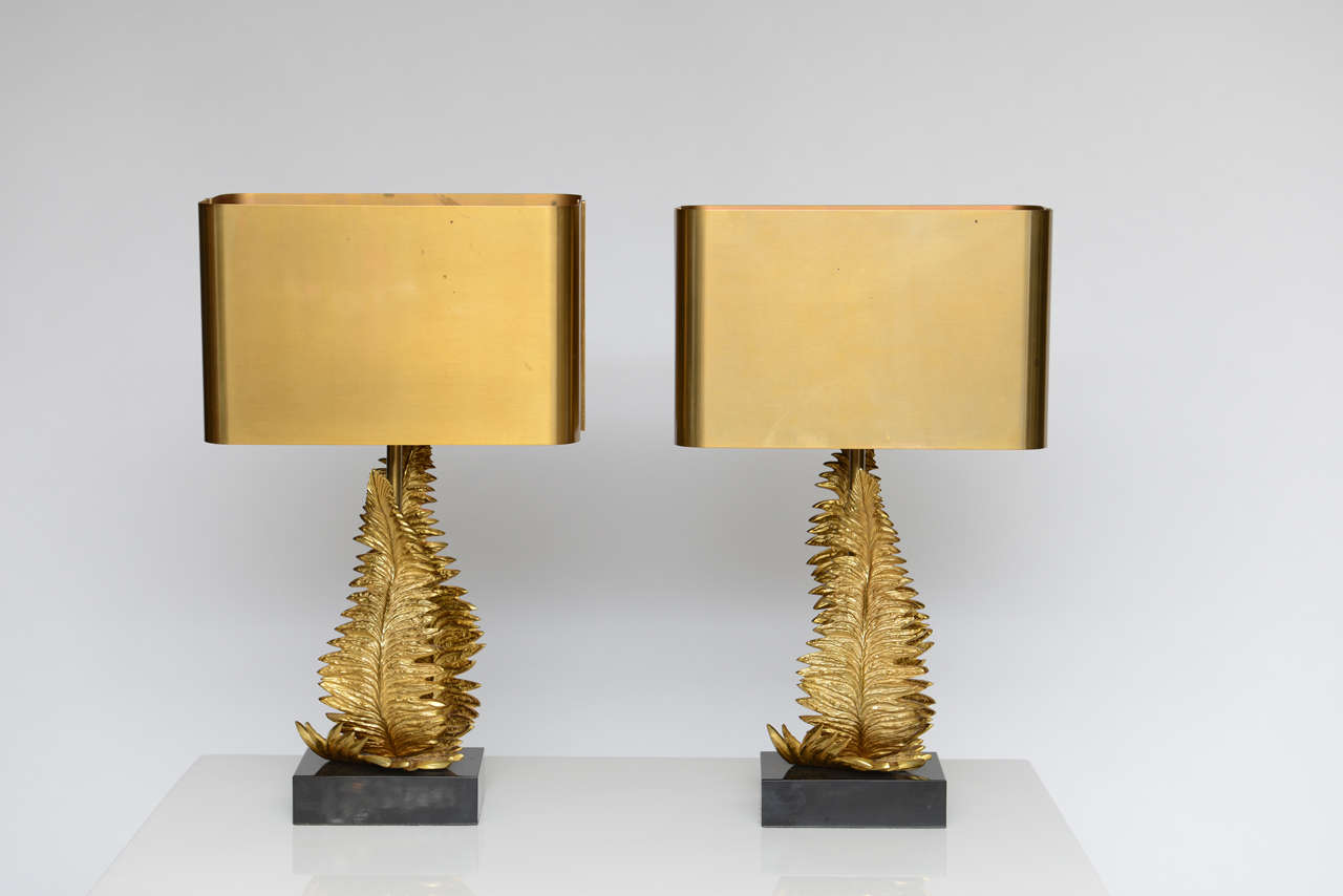 French Pair of Maison Charles Bronze Fern Table Lamps (Signed) For Sale