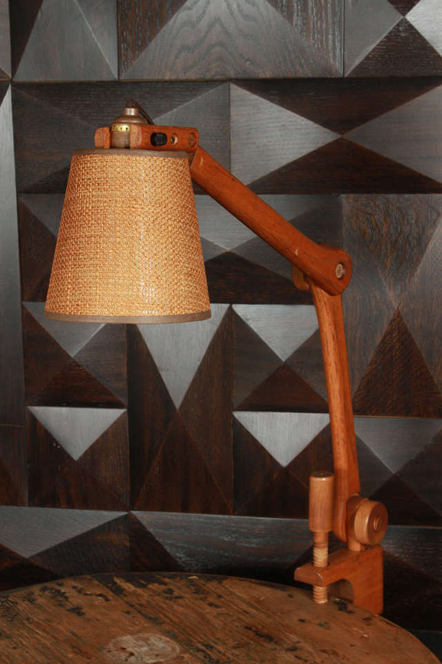 1950's architectural lamp mounts to table with hand turned peg