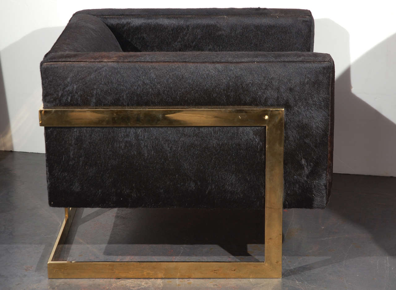 Late 20th Century Pair of Brass and Pony Hair Armchairs Attributed to Milo Baughman
