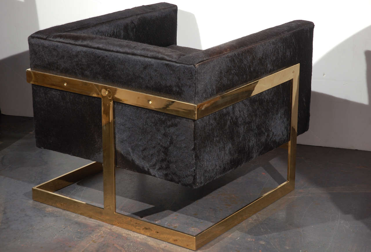Pair of Brass and Pony Hair Armchairs Attributed to Milo Baughman 2