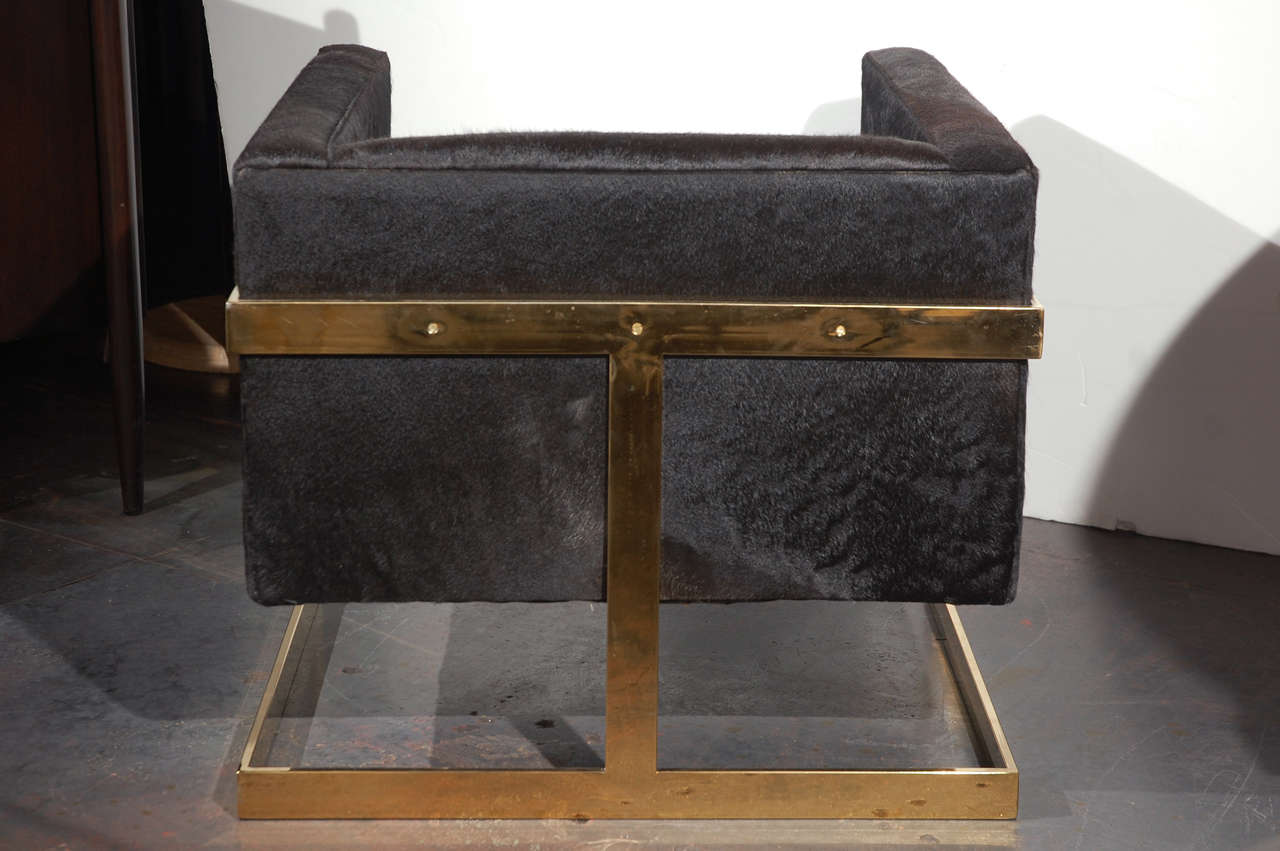 Pair of Brass and Pony Hair Armchairs Attributed to Milo Baughman 3