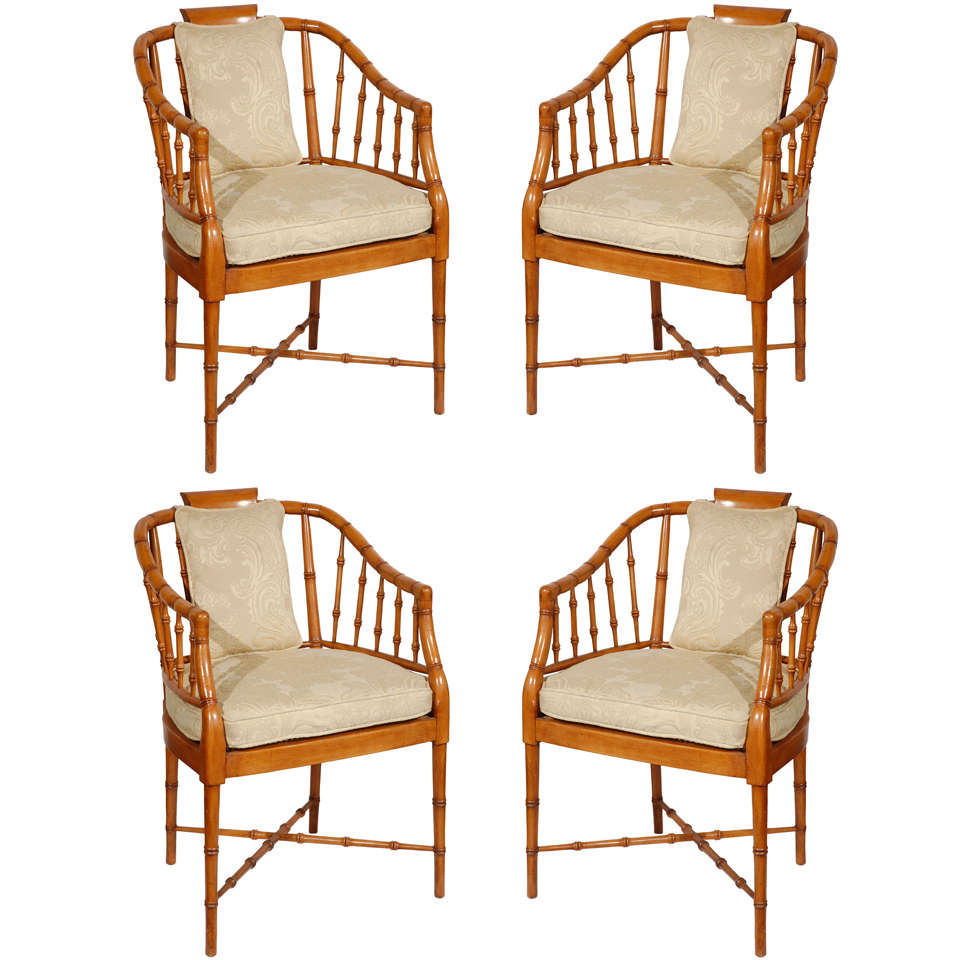 Set of Four Hollywood Regency Faux Bamboo Armchairs For Sale at 1stDibs