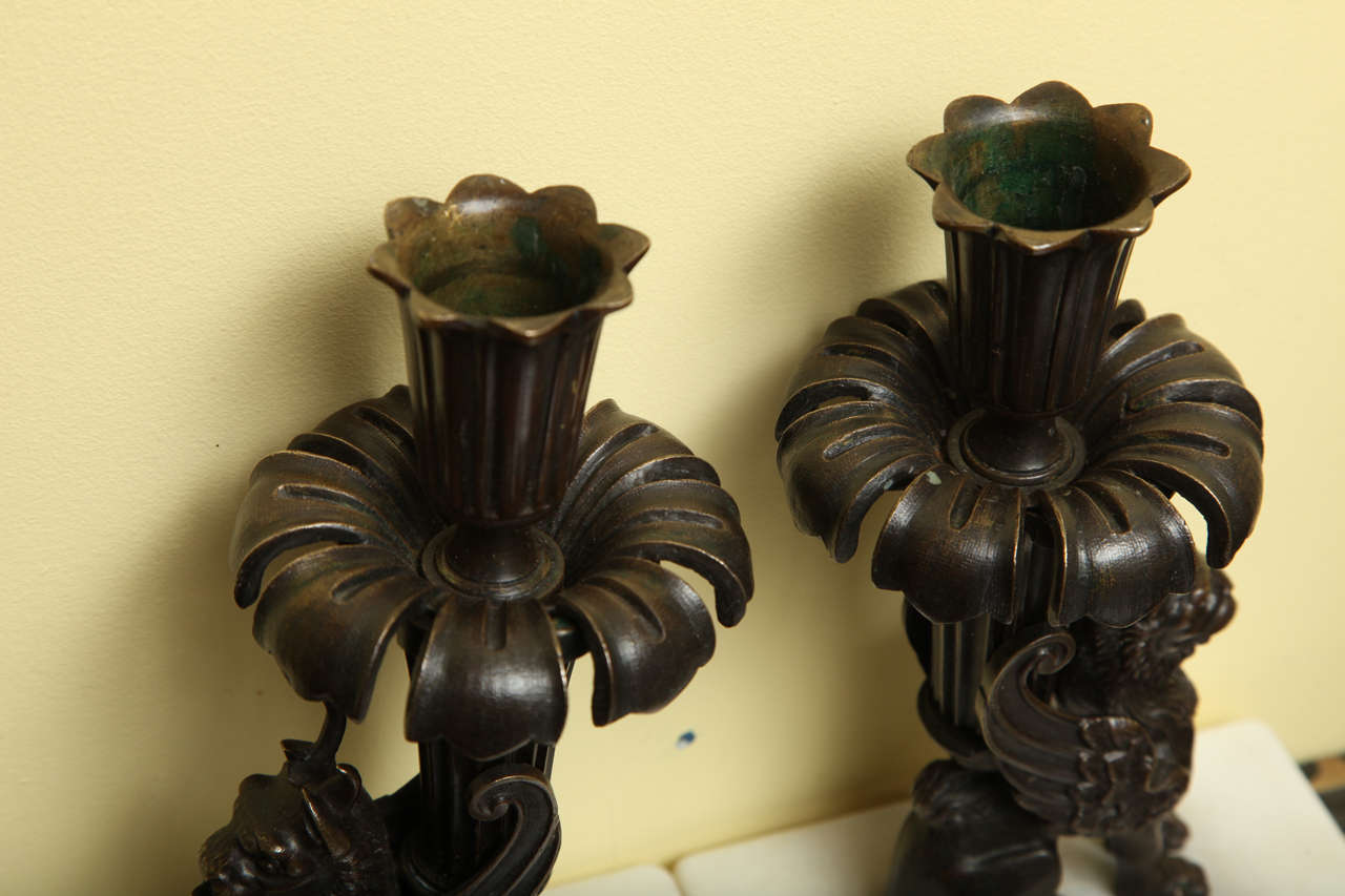 English Antique Pair of Regency Bronze Griffin Form Candlesticks, circa 1815 For Sale