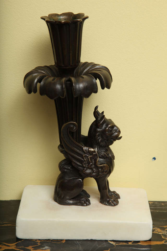 Antique Pair of Regency Bronze Griffin Form Candlesticks, circa 1815 In Excellent Condition For Sale In New York, NY