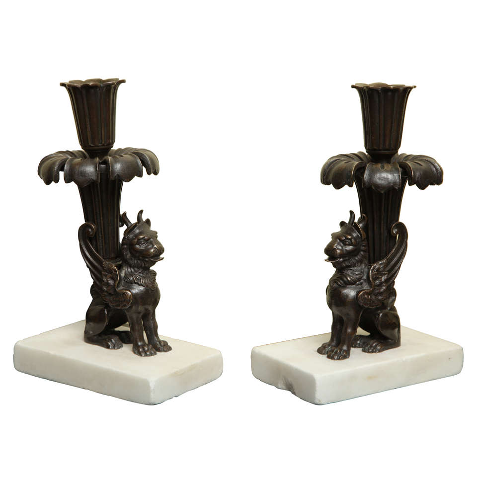 Antique Pair of Regency Bronze Griffin Form Candlesticks, circa 1815 For Sale