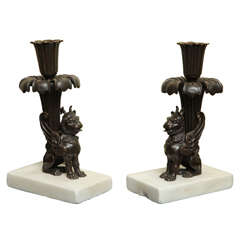 Antique Pair of Regency Bronze Griffin Form Candlesticks, circa 1815