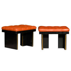 Pair Black Lacquered Stools with Tufted Leather