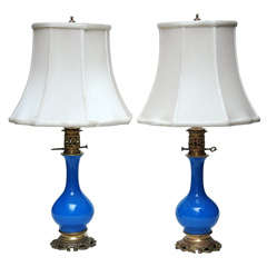 Pair of French Blue Opaline Oil Lamps, Circa 1870