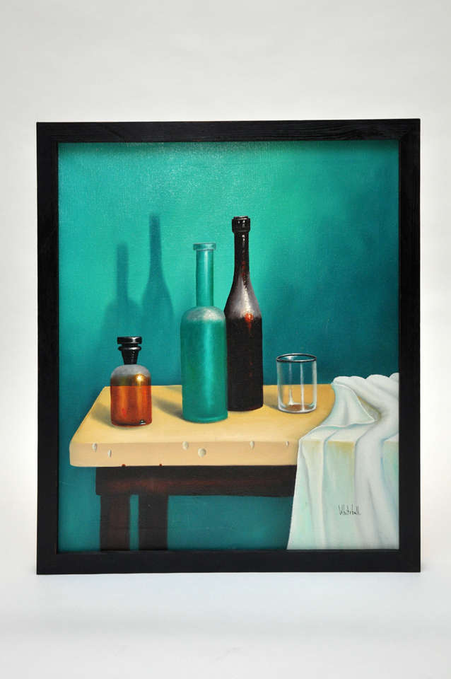 This still life painting of old bottles boasts vivid colors and has been newly reframed