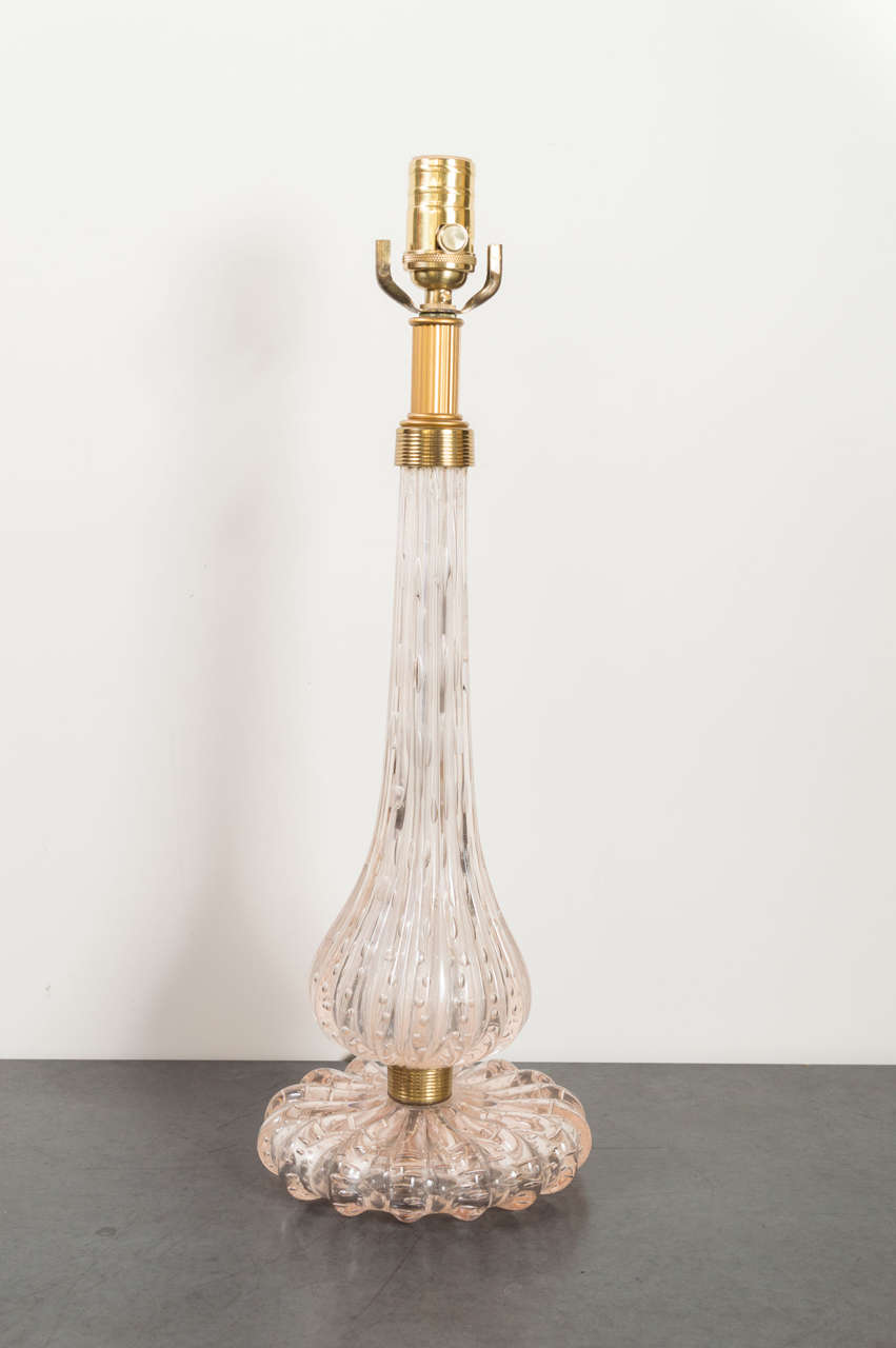 Vintage bubble glass Seguso table lamp with original brass banding and genie bottle shape.  Lovely handmade glass table lamps.  Newly rewired.