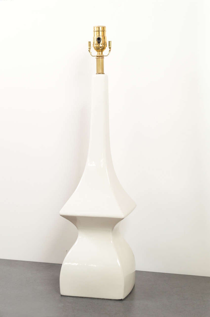 1960s glossy white ceramic table lamp.  Recently rewired.