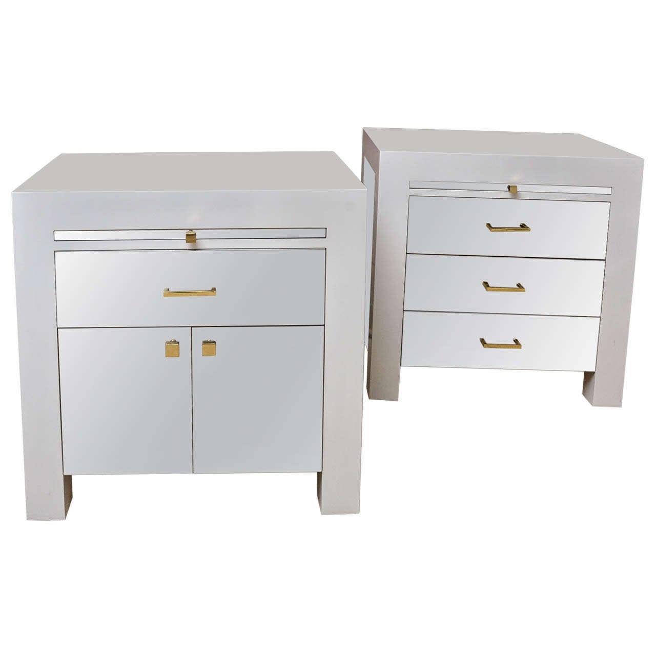 Pair of White Lacquer and Mirror Night Stands
