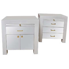 Vintage Pair of White Lacquer and Mirror Night Stands