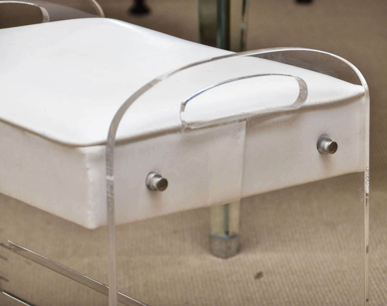 Mid-20th Century Lucite Stool with White Leather Seat